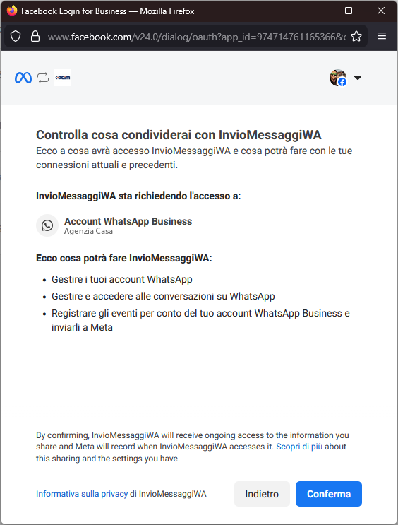 Controlla permessi WhatsApp Business