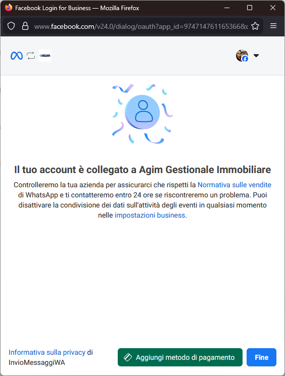 Account WhatsApp Business collegato con successo